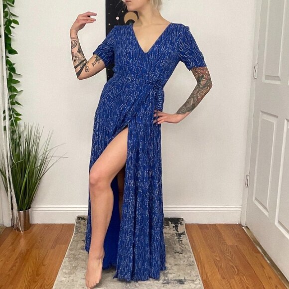 BA&SH Floral Wrap Short Sleeve Crepe Maxi Dress Tie-Waist Size S Blue - Picture 4 of 12